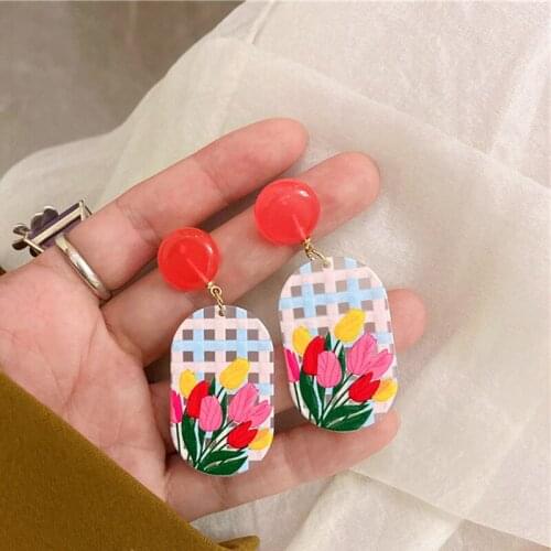 Geometric Colorful Red Green Camouflage Dangle Acrylic Printed Flower Earring Women Girl
