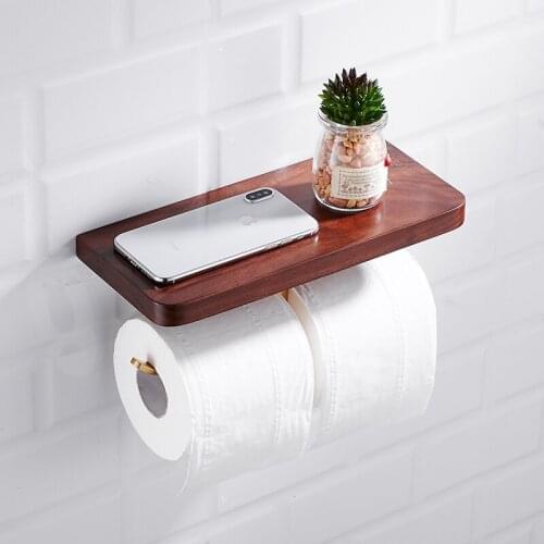 Brass durable toilet paper holder Creative Wood mobile phone rack Nordic Nanmu bathroom roll holder antirust wall hanging