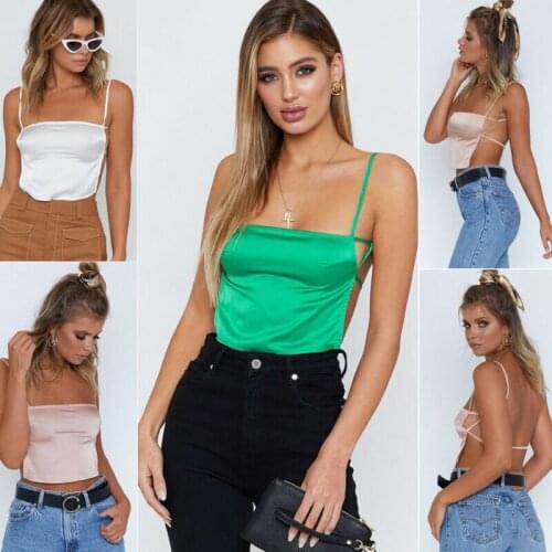 2020 Summer Hot Sale New Women Sexy Satin Vest Bandage Lace Up Camisoles Tank Top Solid Strappy Backless Top Camisoles