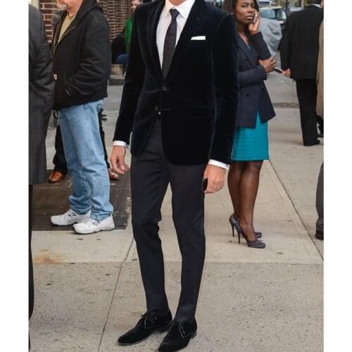 Fashion Custom Elegant Style Casual Black Velvet Blazer Slim Fit Groomsmen Tuxedo For Wedding Beach Party 2 Prc (Jacket + Pants)