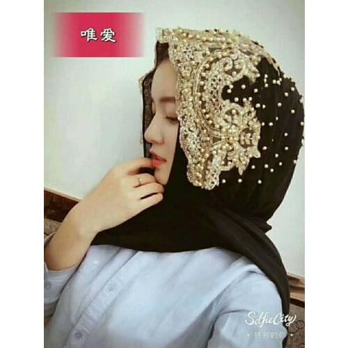 Muslim Chiffon Hijab Beaded Femme Musulman Gold Diamonds Sequins Long Scarf Hijabs Hoofddoek Fashion Plain Turbante