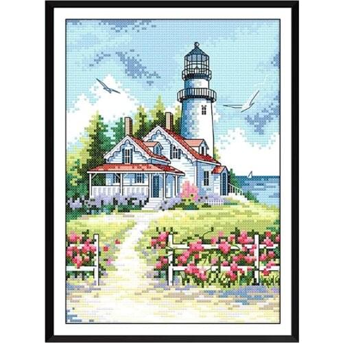 Prettyia Seaside Lighthouse Cross Stitch Stamped Kit Embroidery Decor 14CT
