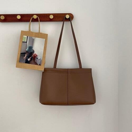 PU Leather 2021 New Solid Color Shoulder Bag for Women High Quality Vintage Female Middle Korean Fashion Ladies Tote Handbags