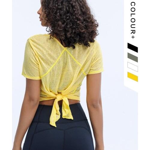 2021 Summer New Thin Short Sleeve Yoga Shirts Women Running Loose Stretchy Breathable Top Back Bandage Design Sports T Shirt