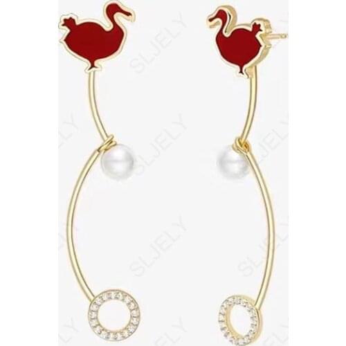 SLJELY New Solid 925 Sterling Silver Jewelry Red Dodo Bird Earrings with Pearl for Women Fashion Brand Jewelry