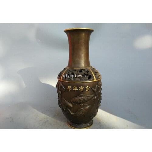 Pair 13'' bronze carved lotus fish crane birds sailboat design home decor vase