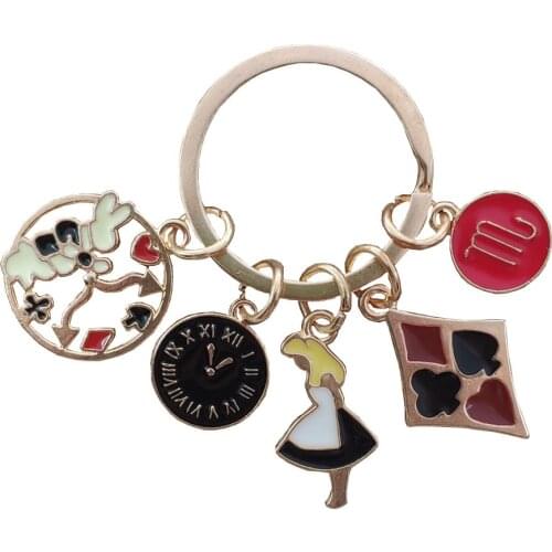 Handmade KC Gold Plated 12 Signs Constellations Zodiac Alice in Wonderland Clock Poker Style Rabbit Bunny Keychain Key Ring