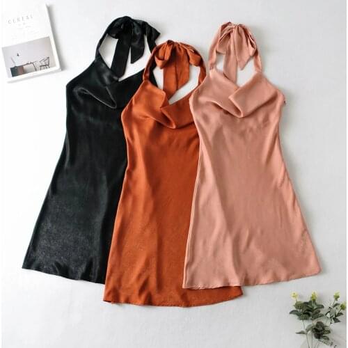 European and American Womens New Satin Texture Solid Color Hanging Neck Tie V Collar Waist Thin Sling Dress DLQZ1620