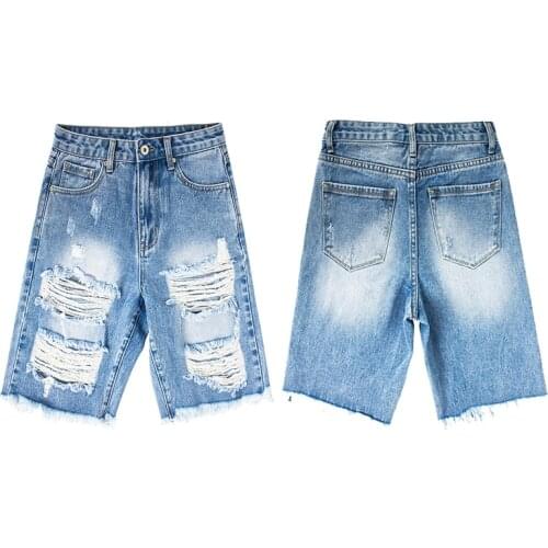 DSQBRAND European and American womens summer street ripped jeans pants womens simple loose casual straight high waist