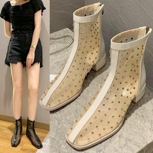 2020 autumn new fashion versatile hollow out thick with back zipper mesh boots square head mesh rhinestone shoes women X507