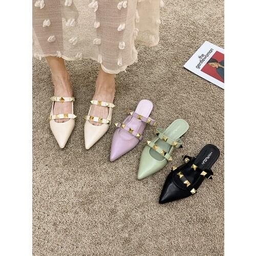 Womens shoes thick heel rivet pointed toe spring 2021 new fashion mules