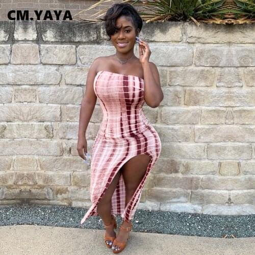 CM.YAYA Women Long Dress Print Sleeveless Strapless Skinny High Slited Maxi Dresses Sexy Night Party Vestidos Summer Outfits