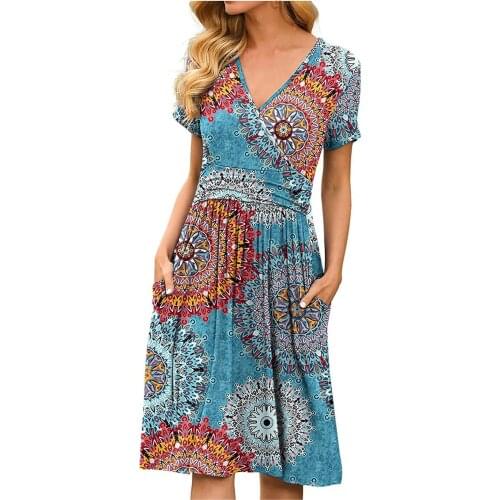 Vintage Flower Printed Women Dress Elegant Casual Ladies Dresses Pocket V Neck Short Sleeve Summer Dress Vestido Verano Mujer