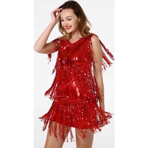 2020 Women V-neck Bling Sequin Tassels Pleated Latin Dance Party Dress Vintage Lady Short Sexy Elastic Slim Pullover Mini Dress