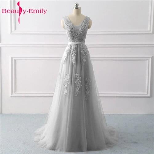 Beauty Emily Lace Appliques V-neck Long Evening Dresses 2020 Bride Sexy Sleeveless Formal Party Prom Dresses Custom