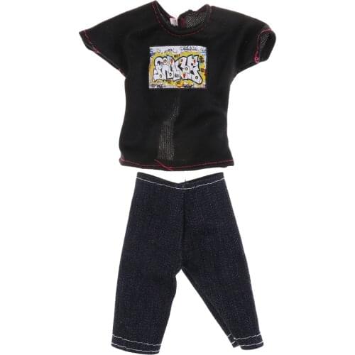 Black 1set Casual Wear For Ken Doll Black T-Shirt + Jeans Pants Short Doll Male Doll Clothes