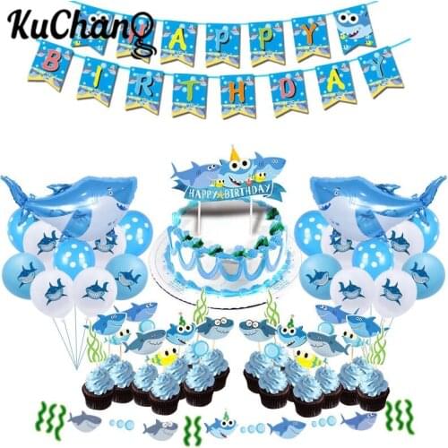 Shark Happy Birthday Banner Shark Cake Flags Blue Latex Balloons Kids Birthday Party Decorations Supplies