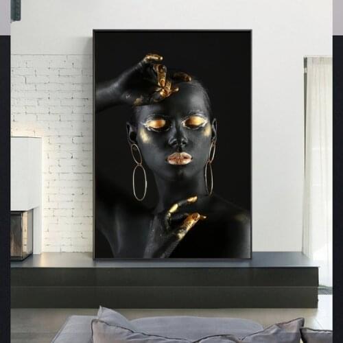 Black Nude African Woman with Golden Finger and Lips Canvas Painting on The Wall Makeup Woman Wall Art Pictures for Home Decor