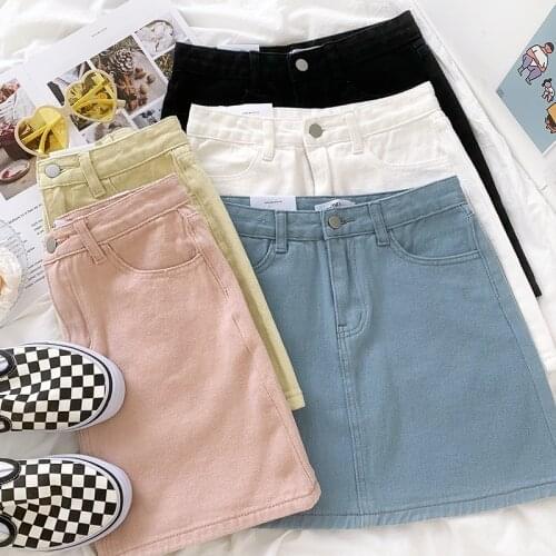 Retro color basic high-waisted slim-fit all-match denim A-line skirt