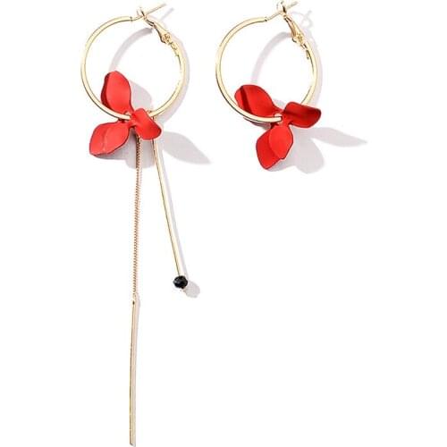 Korean Petal Asymmetric Earrings For Women Metal Earing Red Green White Black Flower Earings Jewelry Long Circle Tassel Earrings