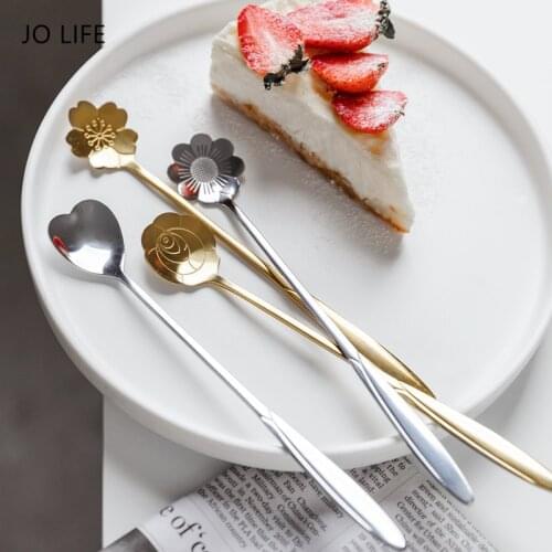 JO LIFE Stainless Steel Long Handle Spoon Vintage Drinking Cutlery Gold Silver Flower Dessert Tea Coffee Mixing Spoon