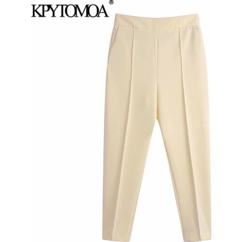 KPYTOMOA Women 2021 Fashion Office Wear Front Pockets Pants Vintage High Waist Side Zipper Female Ankle Trousers Mujer