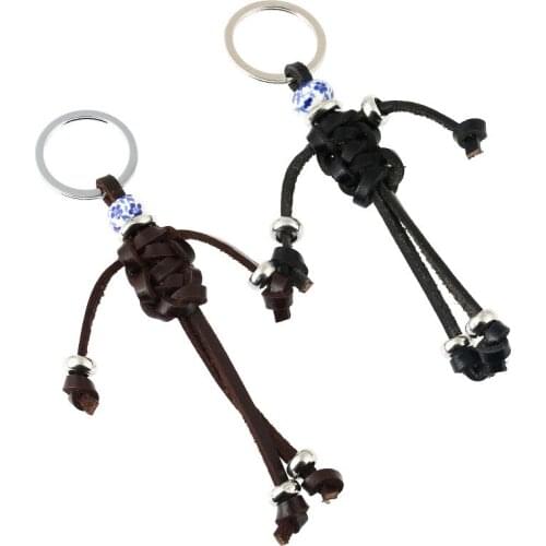 Fashion Braided Leather Keychain Metal Ring Cartoon Pendant Car Key Chain Vintage Charm Bag Accessories Jewelry Friendship Gift