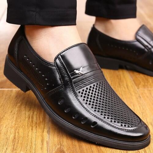 2020 Summer Men Dress Shoes Genuine Leather Hollow Out Breathable Business Man Shoes Round Toe Slip-on Male Footwear New Arrival