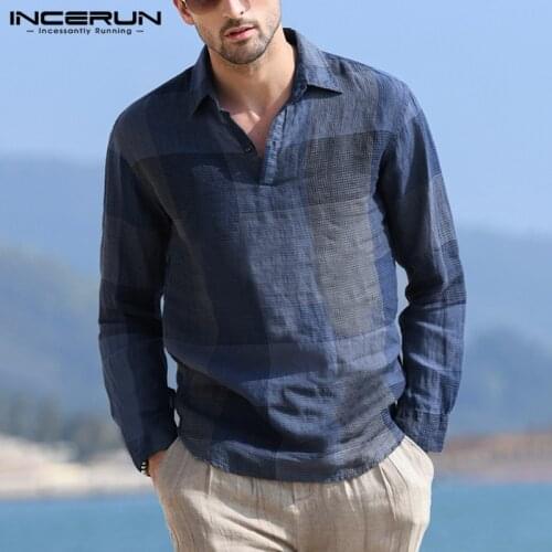 Mens Vintage Plaid Shirts Long Sleeve Lapel Camisa Leisure V Neck Grid Chemise Breathable Blusas Mens Shirt INCERUN Plus Size 7