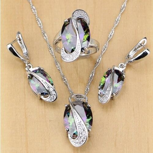 Natural Mystic Rainbow Cubic Zirconia 925 Silver Jewelry Set for Women Wedding Earrings/Pendant/Necklace/Rings