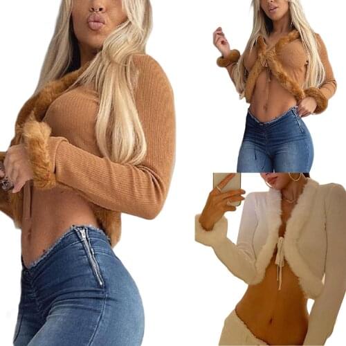 Hirigin 2021 New Women Tie-up Ultrashort Crop Tops Adults Sexy Solid Color Long Sleeve V-neck Navel Fur Trim Cardigan For Female