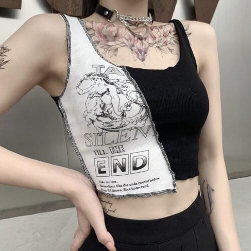 Harajuku Slim Letter Print Knitt Crop Tank Top Gothic Women Patchwork Fashion Camisole Female Streetwear Casual Tops