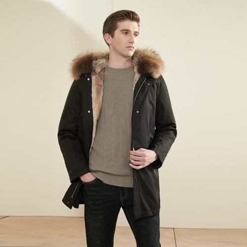 Coat Men Parkas Classic Hooded Trendy Fur Overcoat Winter Real Rabbit Fur Liner Outwear