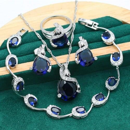 Personalized 925 Silver Jewelry Sets For Women Royal Blue Crystal Bracelet Earrings Necklace Pendant Ring Wedding Jewelry Gift