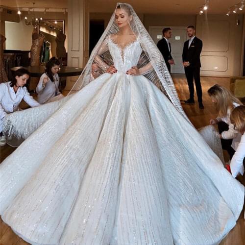 Luxury Beading Dubai Wedding Dress Illusion Long Sleeves Ball Gown Bride Dress Scoop Handmade Wedding Gowns robe de mariee