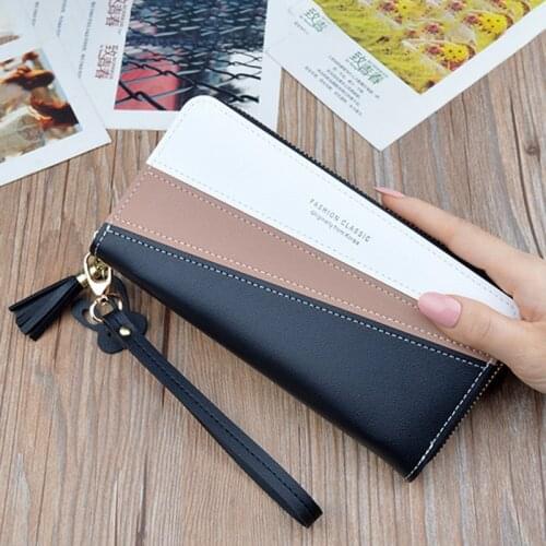 Luxury Brand Leather Wallets Women Long Zipper Coin Purses Patchwork Tassel Clutch Wallets Female Credit Card Holder Money Bags