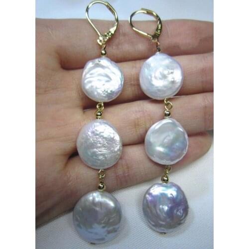 Free shipping AAA 15-16 mm South Sea White Baroque Pearl Earrings 14k/20 YELLOW GOLD