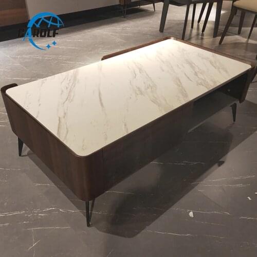 Cheap Price Modern Living Room Wooden Coffee Table White Marble Top Center Table Living Room Set