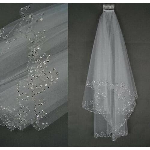 New 2 Tier White/Ivory Sequins Beaded Edge Wedding Bridal Veil With Comb 2022