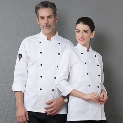 Chef Uniform Long Sleeve Breathable Wear Work Clothes Men Overalls Hotel Kitchen Chef Black Uniform Send Apron Chef Jacket AS361