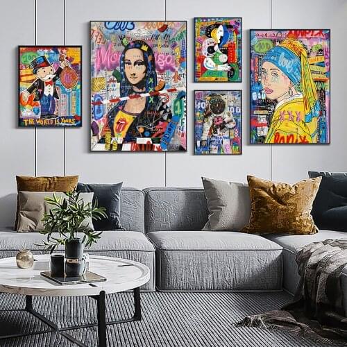 Hip Hop Style Graffiti Art Mona Lisa Wall Art Posters and Prints Abstract Rich Man Canvas Paintings Wall Pictures Home Decor