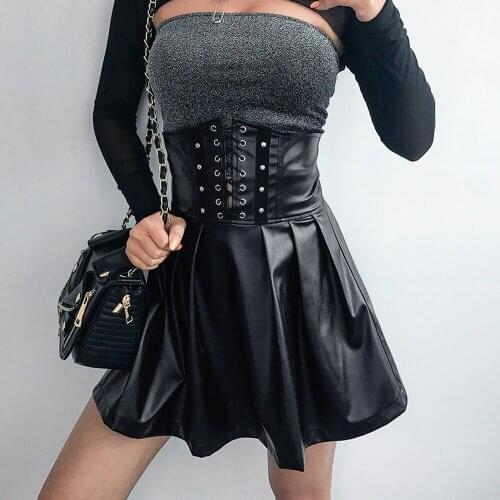 Womens Gothic PU Leather Skirts Solid Color High Waist Lace-up Bandage Slim Fit Mini Pleated Skirts Fashion Clubwear Streetwear