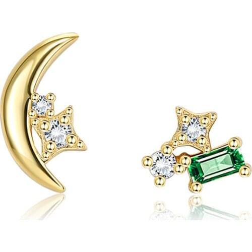 ZEMIOR 925 Sterling Silver Jewelry Sparkling Star Moon Asymmetry Stud Earrings For Women Cute Zircon Golden Tiny Earring