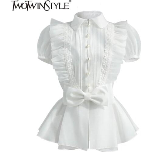 TWOTWINSTYLE Elegant Bowknot Shirt For Women Lapel Puff Short Sleeve Patchwork Solid Blouses Female Summer Fashion New 2021