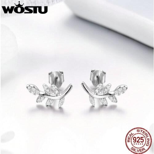WOSTU Authentic 100% 925 Sterling Silver Leaf Earrings Zircon Tiny Stud Earrings For Women Minimalist Style Jewelry Gift FNE031