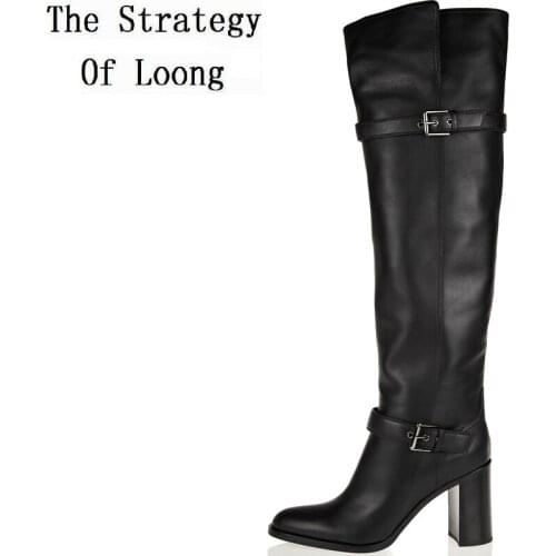Women Winter Buckle Genuine Leather Thick High Heels Boots Real Leather Pointed Toe Over The Knee Long Boots Plus Size EU 44 45