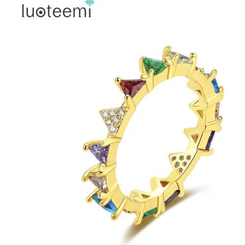LUOTEEMI Gold Color Women Finger Ring Crown Style Pierscionek with Multiple Rainbow Cubic Zircons 2021 New Arrival Jewelry