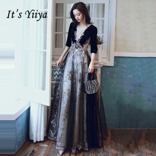Half Sleeve Evening Dresses Its Yiiya R202 Sparkling Glitter Appliques Formal Dress Vestidos Black Print Robe De Soiree 2020