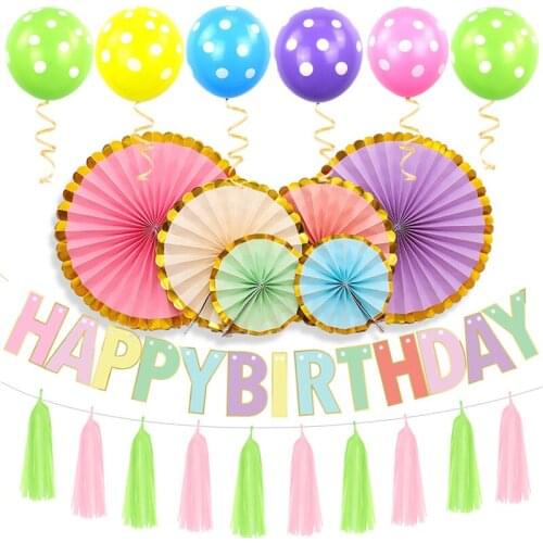 Gold Party Supplies Happy Birthday Banner Balloon Paper Fan Party Backdrop Decorations