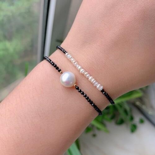 2mm Small Faceted Shining Black Obsidian Stone Bracelet White Baroque Pearl Charm Reiki Healing Jewelry Bracelets for Women